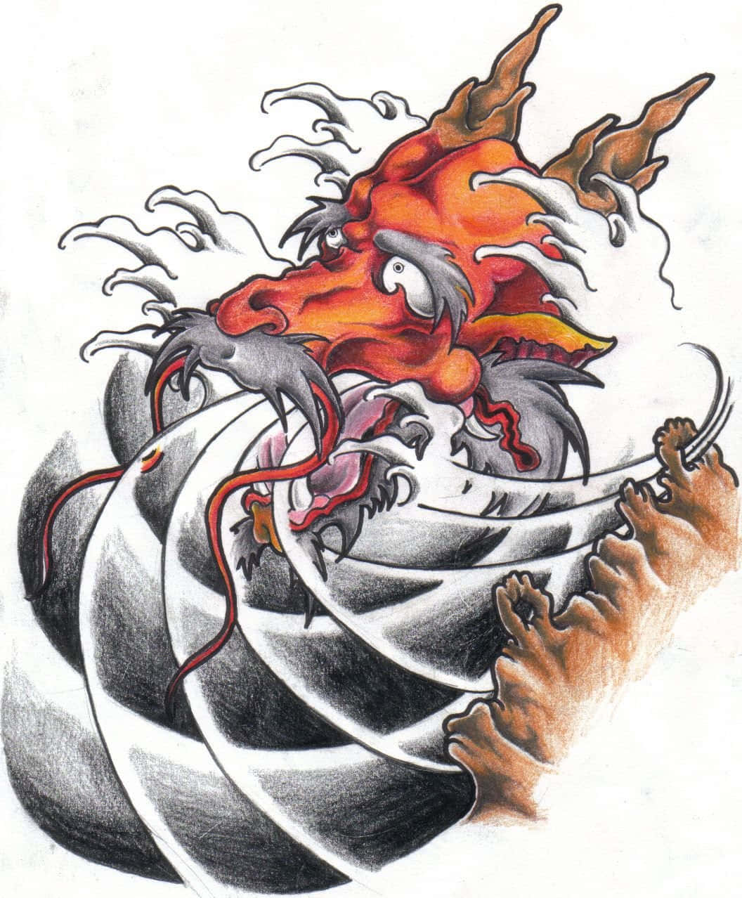 A Drawing Of A Dragon With A Wave In The Background