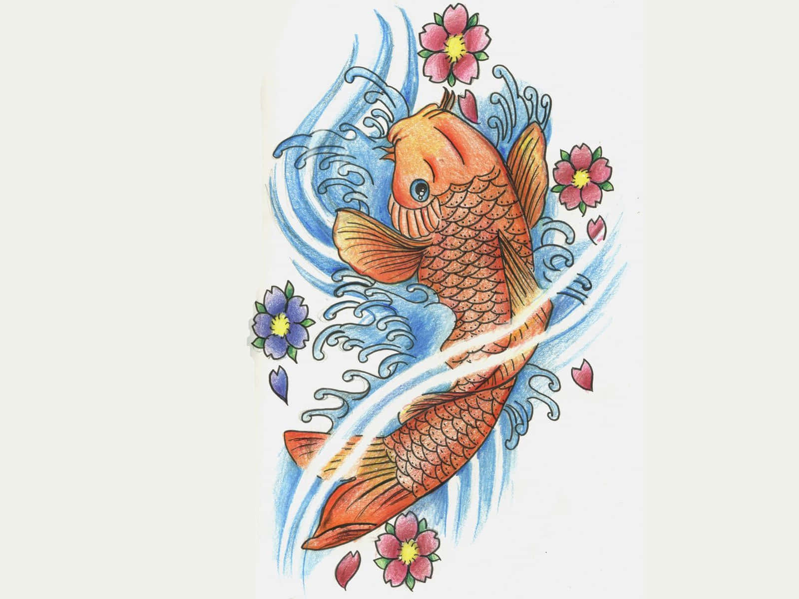 Download A Koi Fish Tattoo Design With Flowers And Waves