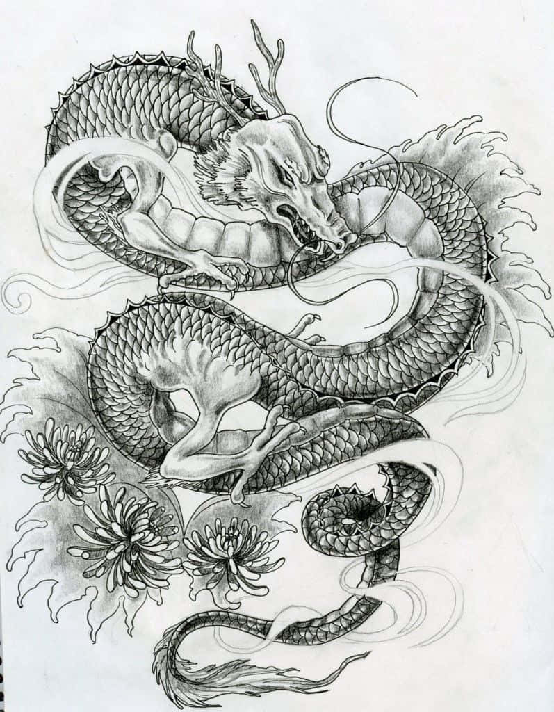A Drawing Of A Dragon With Flowers