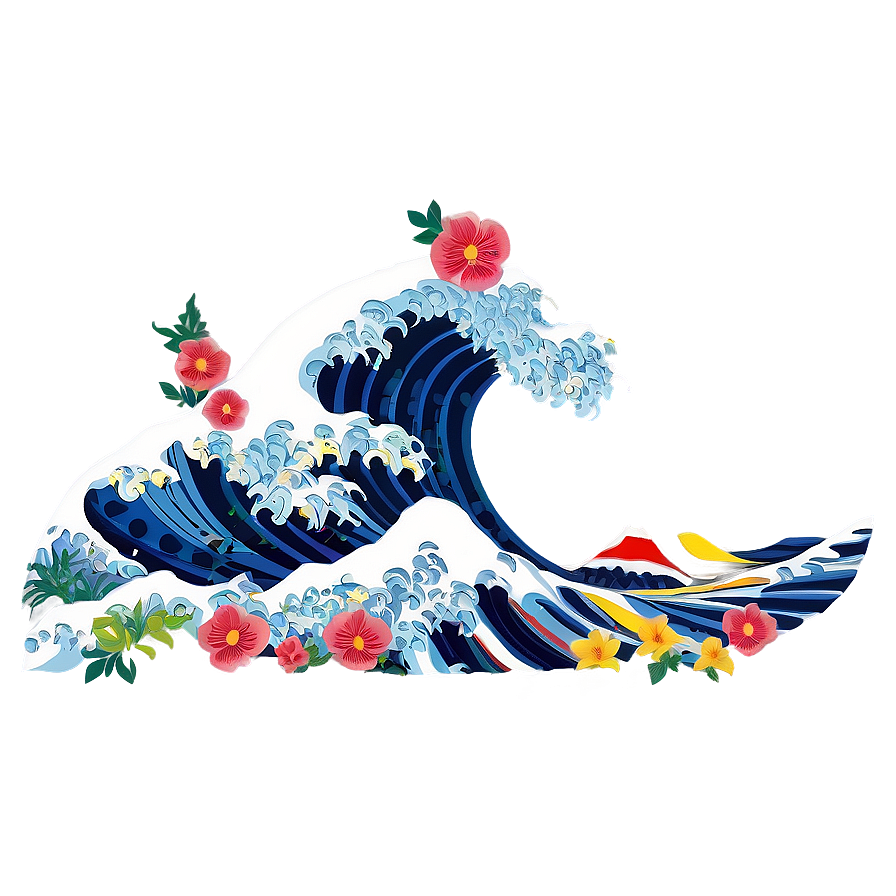 Japanese Wave With Flowers Png Wkn41 PNG