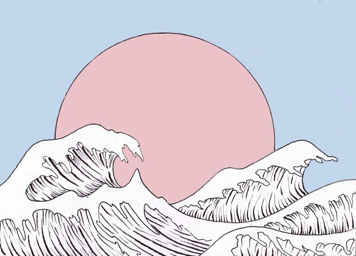 Japanske Bølger Og Lyserød Sol Wallpaper