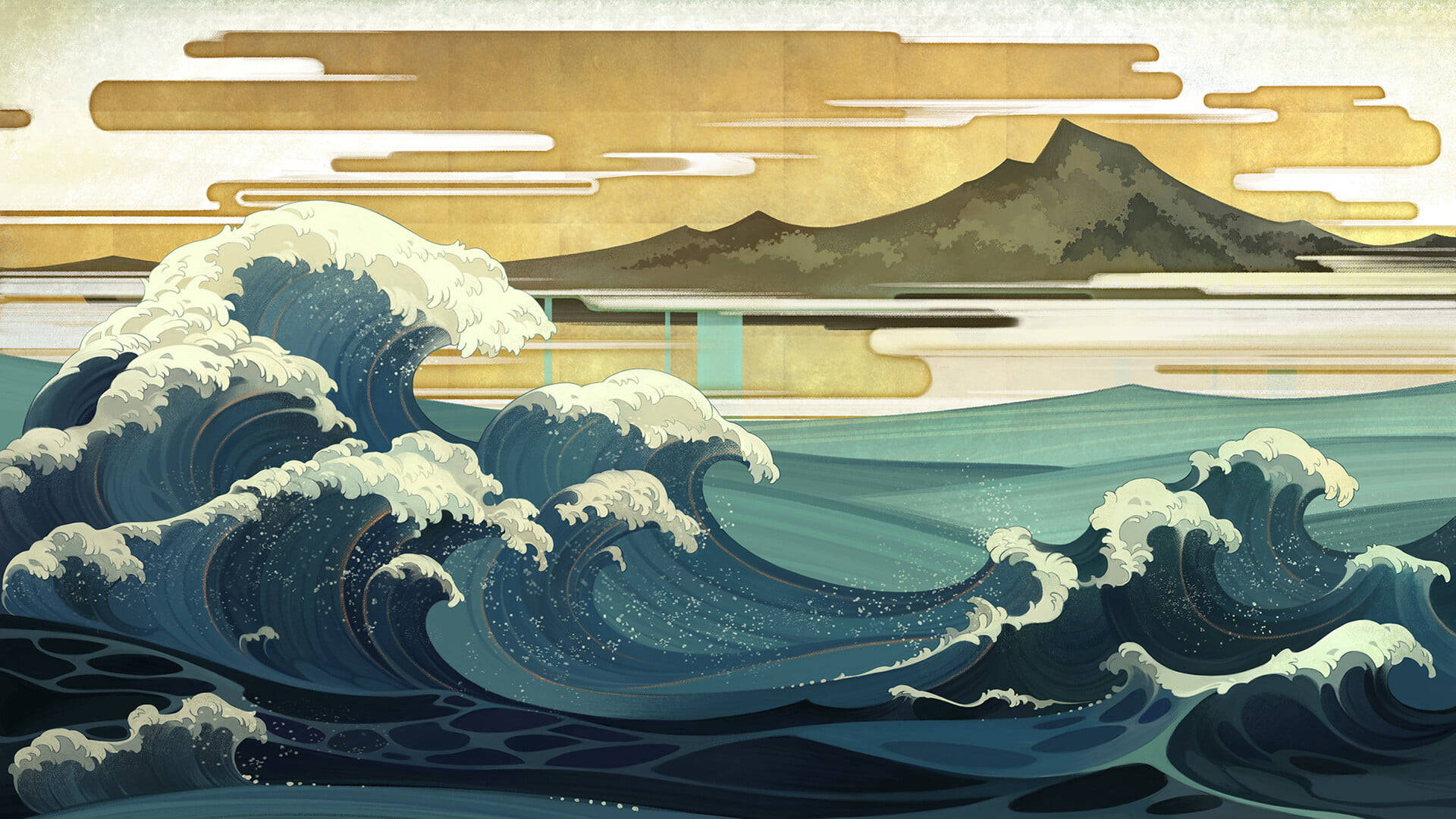 Japansk Bølger Fantasi Kunst Wallpaper
