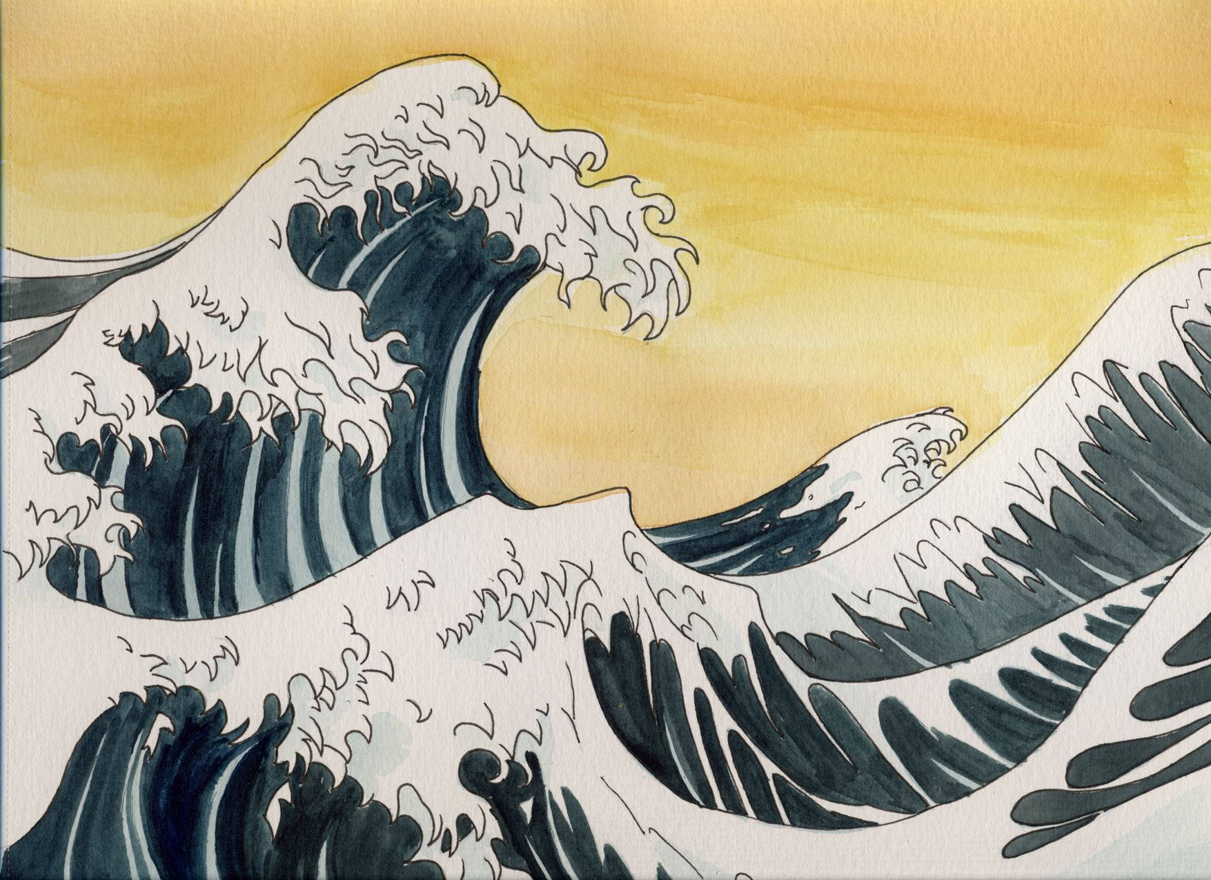 Japanese Waves Watercolor Art Wallpaper