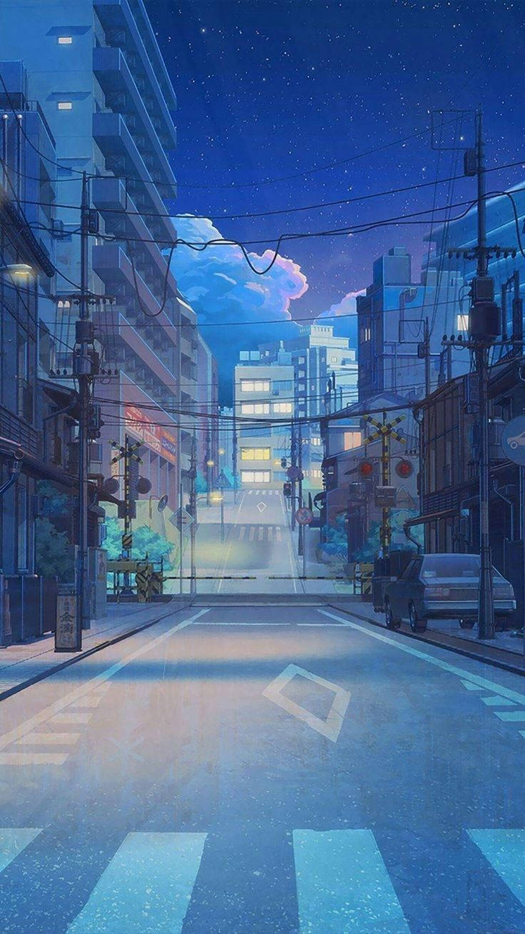 Japansk Anime Blå Gade Wallpaper