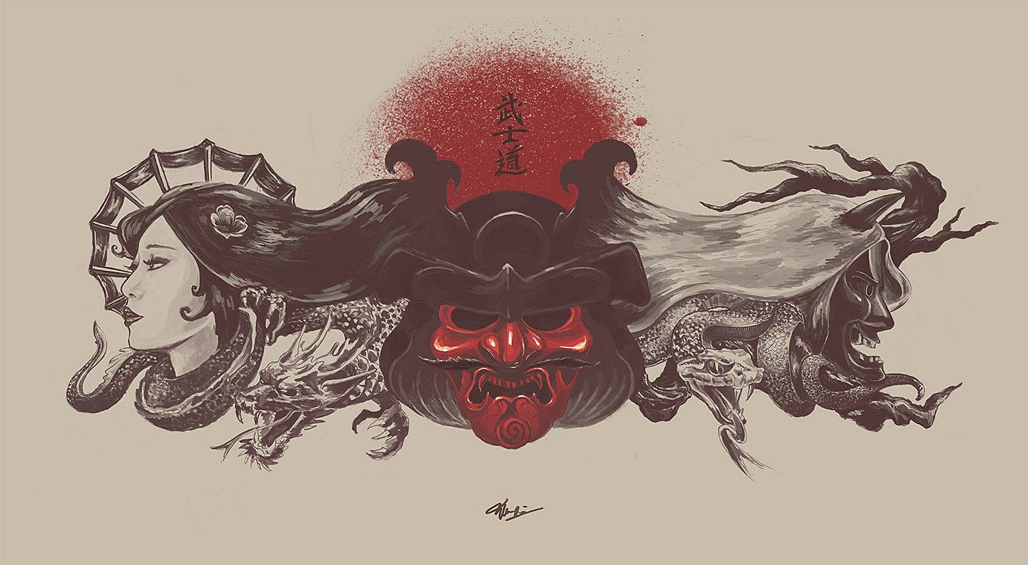 Japansk Samurai-kvinde Og Dæmon Wallpaper