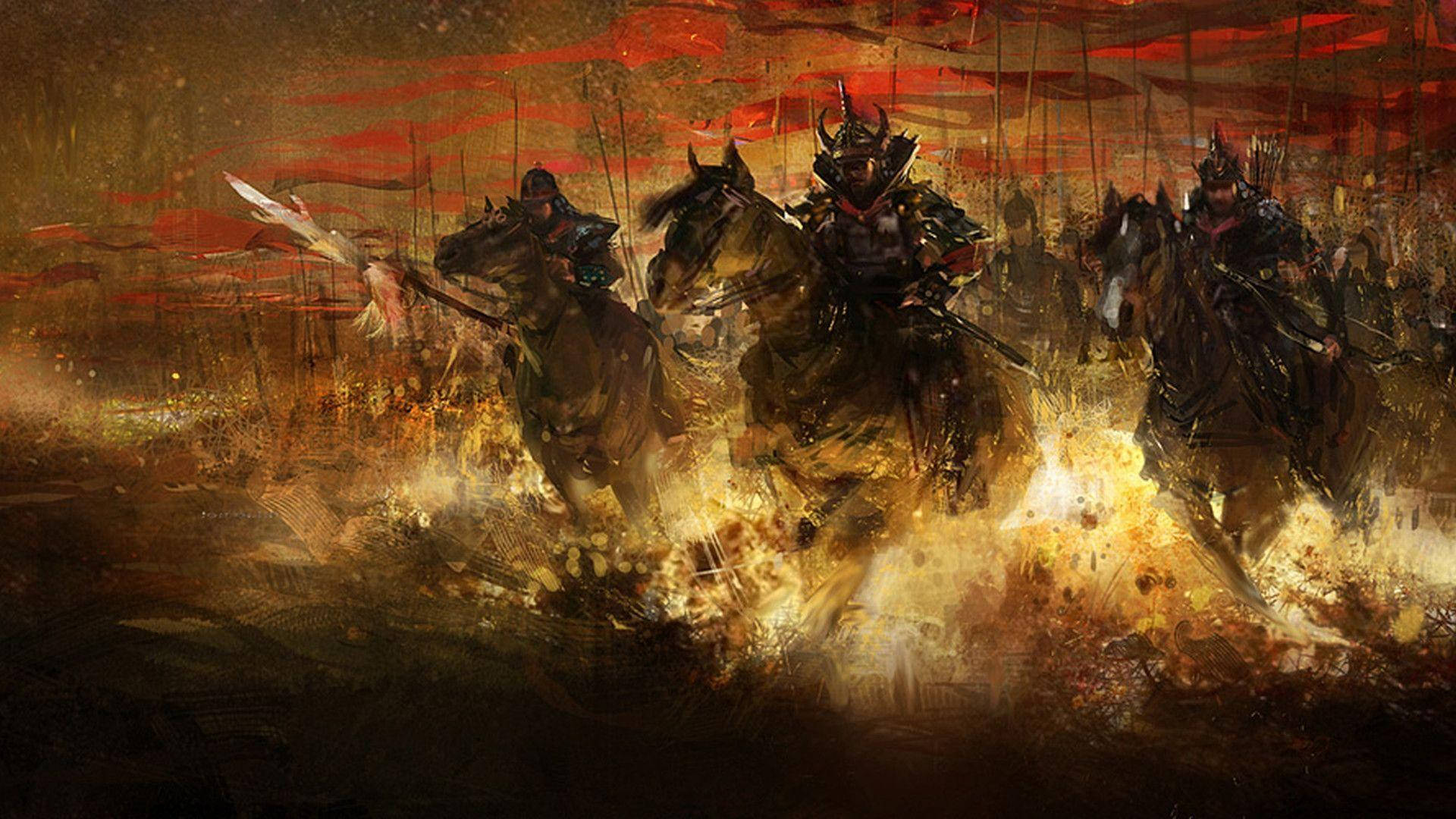 Japanske Samurai Flammer Og Heste Wallpaper