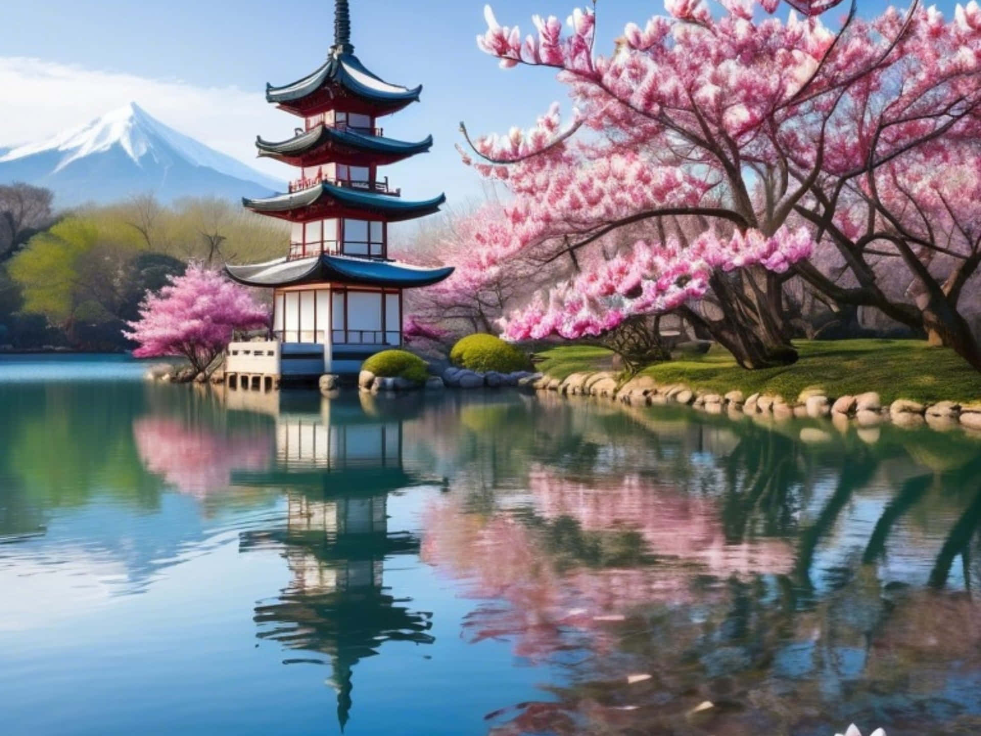 Japnese Landscape Featuring A Tranquil Lake, Cherry Blossom Tres, A Shrine And Mountains. Wallpaper