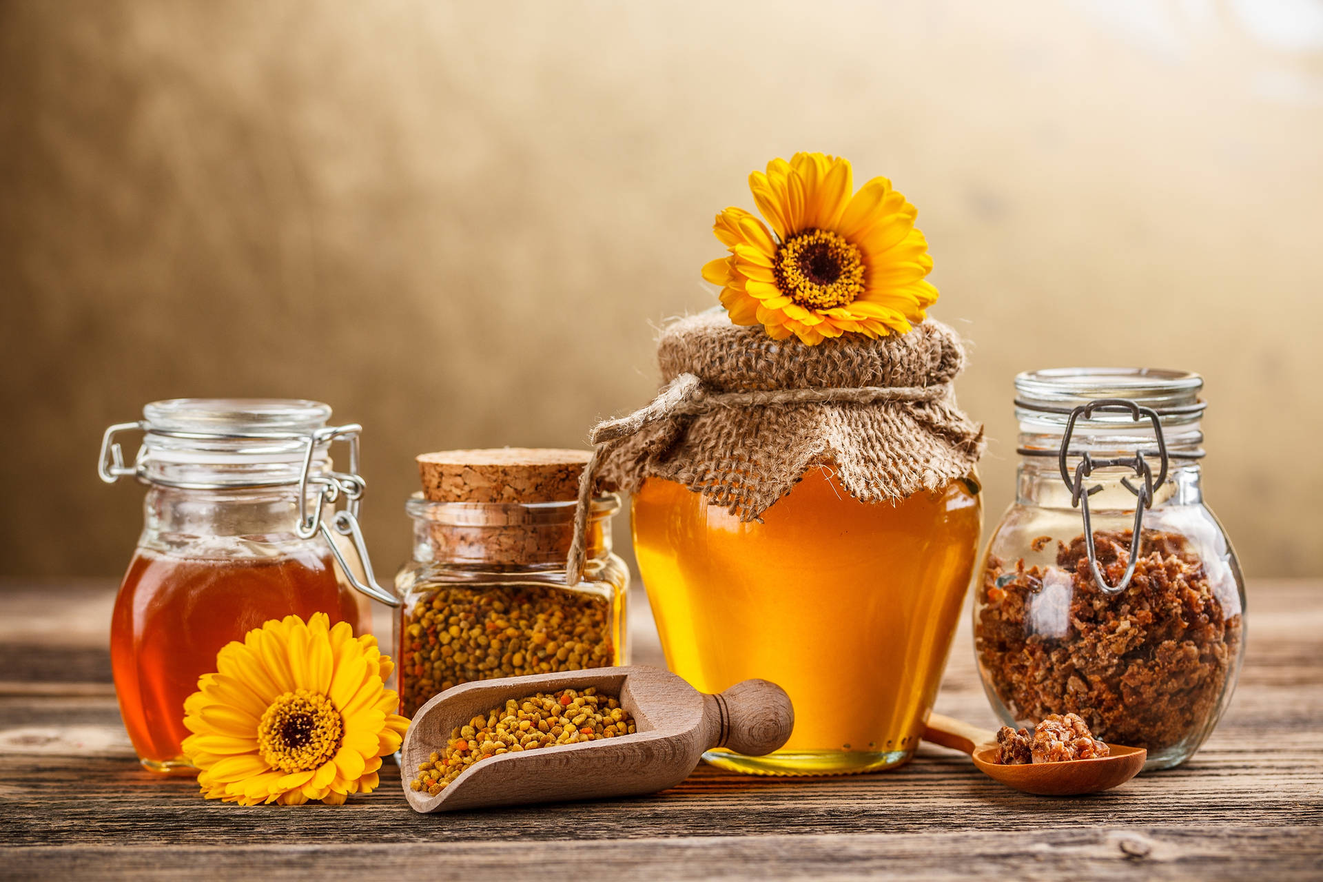 Jars Of Honey And Bee Pollen Background