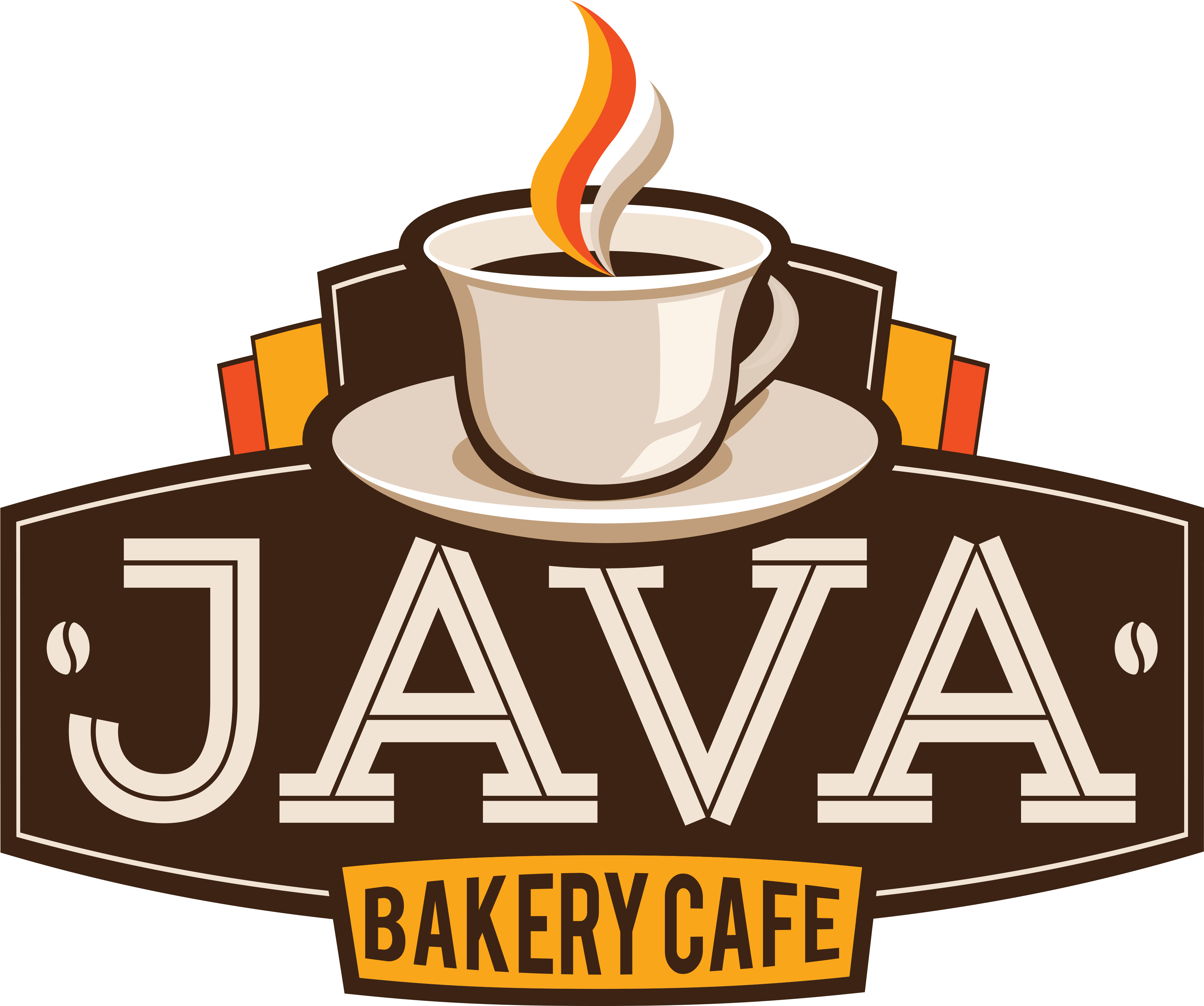 Java Bakery Cafe Logo PNG — A stylized coffee cup with steam rising sits atop a brown sign reading 'JAVA BAKERY CAFE' with decorative coffee beans and warm color accents.
