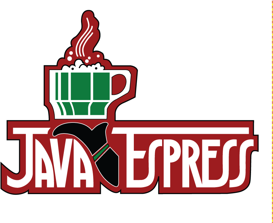 Java_ Express_ Logo_ Transparent_ Background PNG — A bold logo featuring a green coffee cup with steam rising above the words Java Express in red and white.