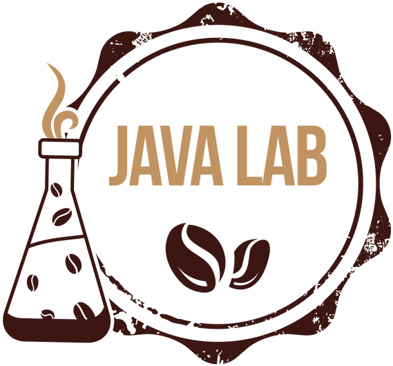 Java Lab Cafe Logo PNG — A vintage-style logo for The Java Lab Grind & Dine Cafe featuring coffee beans and a steaming beaker within a circular emblem.