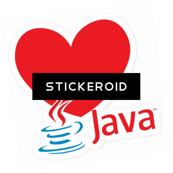 Un corazón rojo superpuesto por el logotipo del lenguaje de programación Java con una marca de agua que dice "STICKEROID" sobre un fondo gris texturizado.