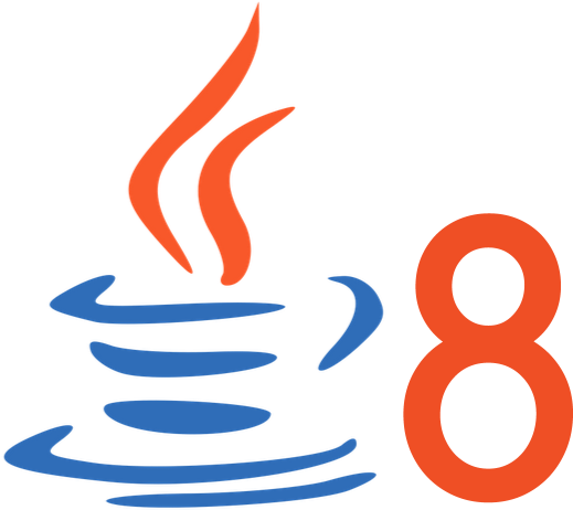 Java Programming Language Logo Transparent PNG — A stylized blue coffee cup with orange steam rising beside a large orange number eight.