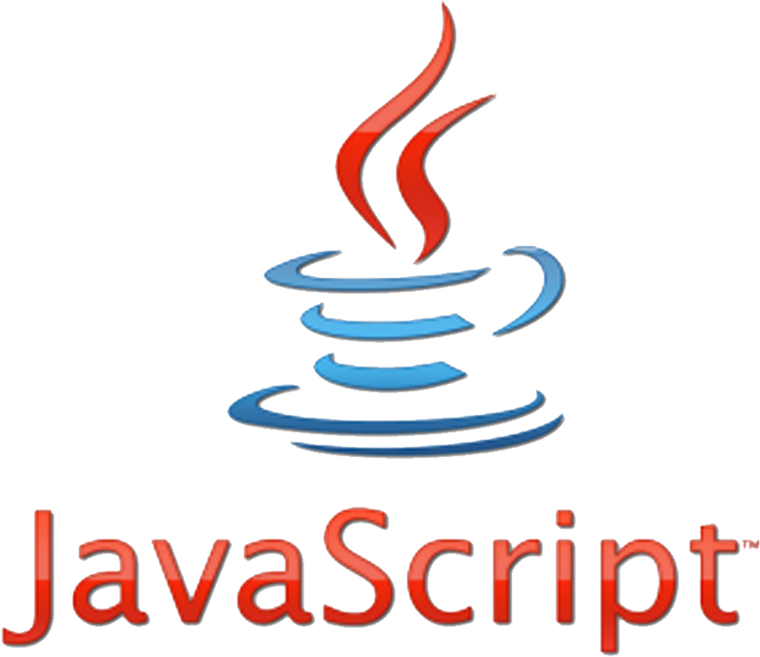 Java Script Logo Transparent Background PNG — A stylized blue coffee cup with red steam swirls and the word JavaScript in red below on black background.