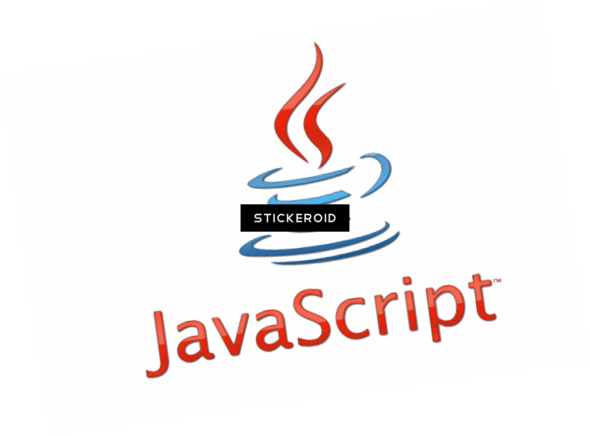 Java Script_ Logo_with_ Transparency PNG — A tilted sticker parody of the JavaScript logo with 'STICKEROID' text overlaid on a coffee cup design.