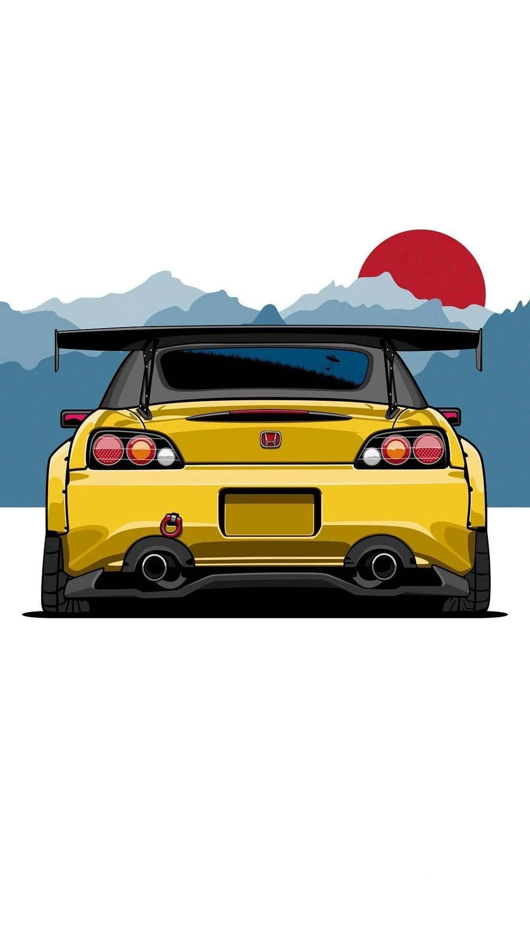 En gul sportsbil med et bjerg i baggrunden. Wallpaper