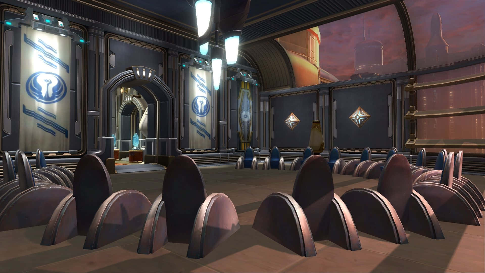 The Jedi Council convenes in their chamber Wallpaper