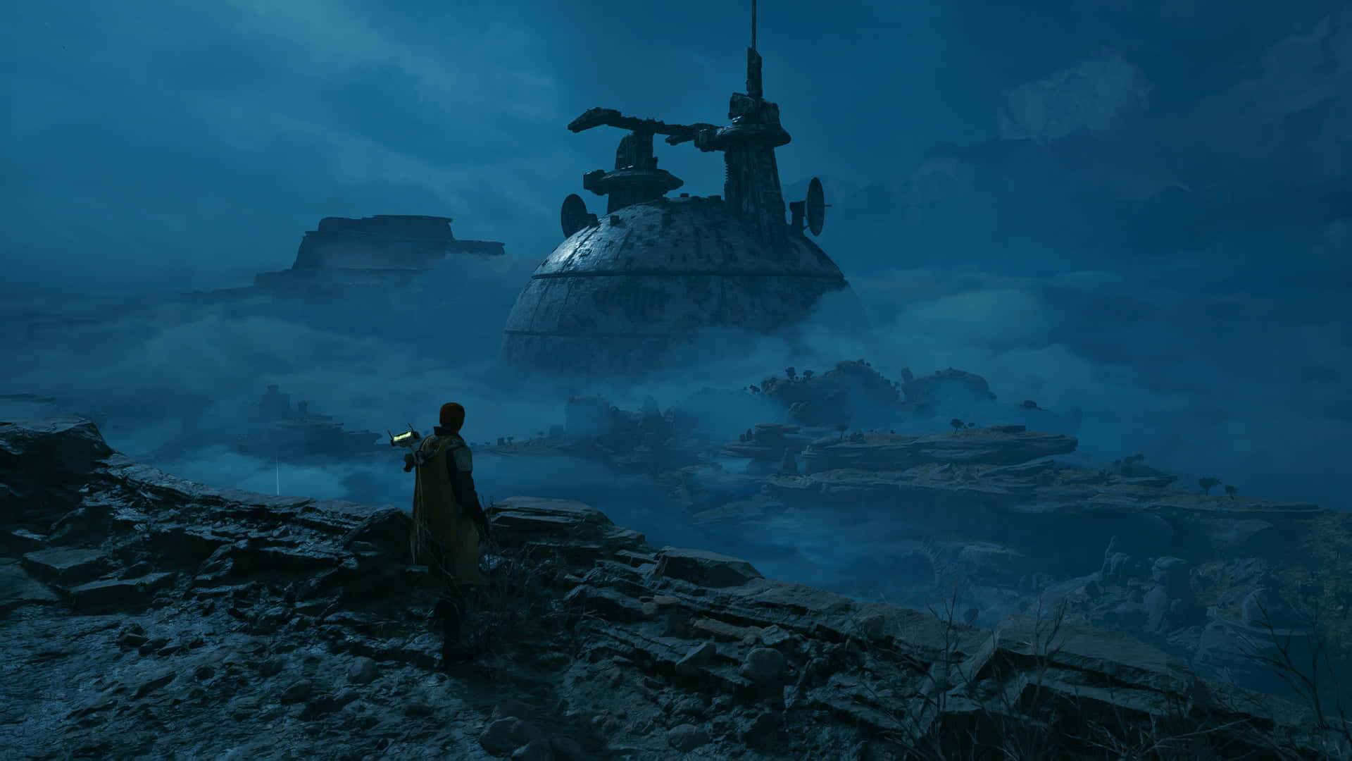 Jedi Survivor Lone Figure Overlooking Dystopian Landscape Wallpaper