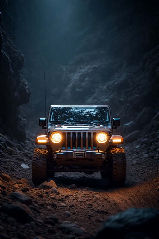 Jeep Wrangler Illuminating A Rocky Trail With Its Headlights At Night. Wallpaper