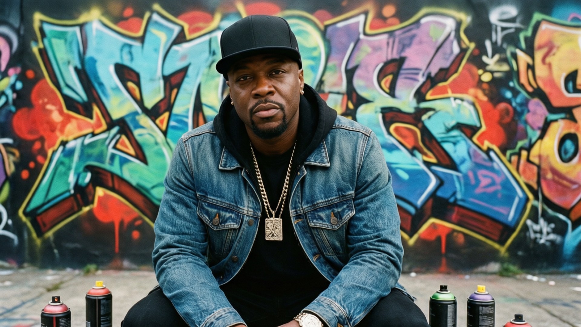 Jeezy Graffiti Achtergrond Achtergronden — Een man in een spijkerjack en pet zit voor een levendige graffitimuur met spuitbussen aan zijn voeten.