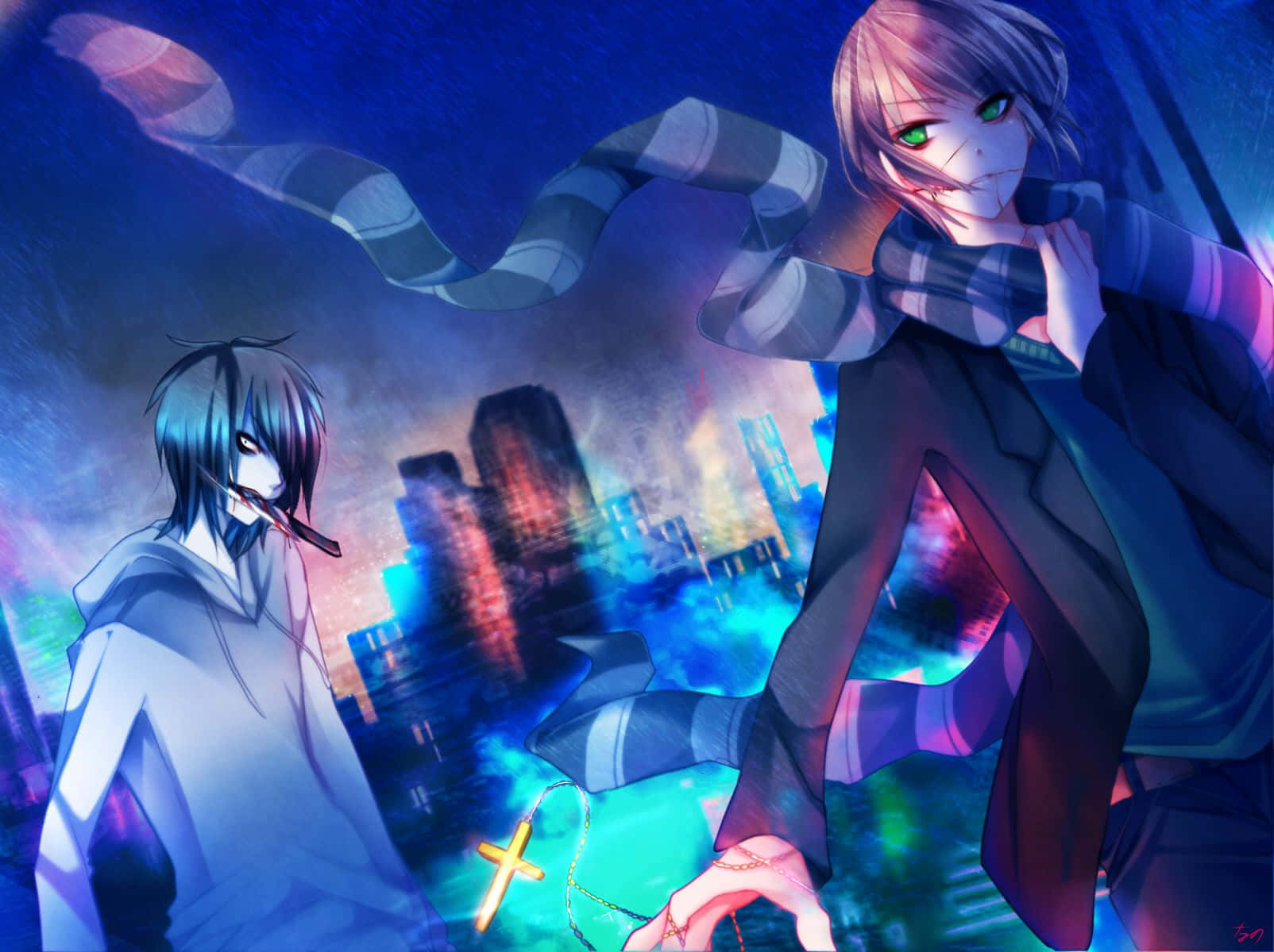 Download Two Anime Characters Standing In Front Of A City Wallpaper |  Wallpapers.com