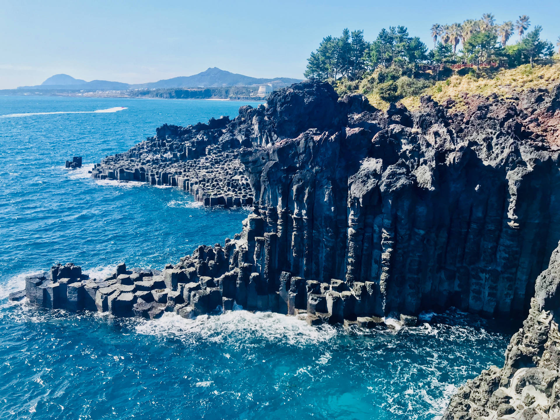 Jejuisland Jusangjeolli Cliff: Jeju-ön Jusangjeolli-klipporna. Wallpaper