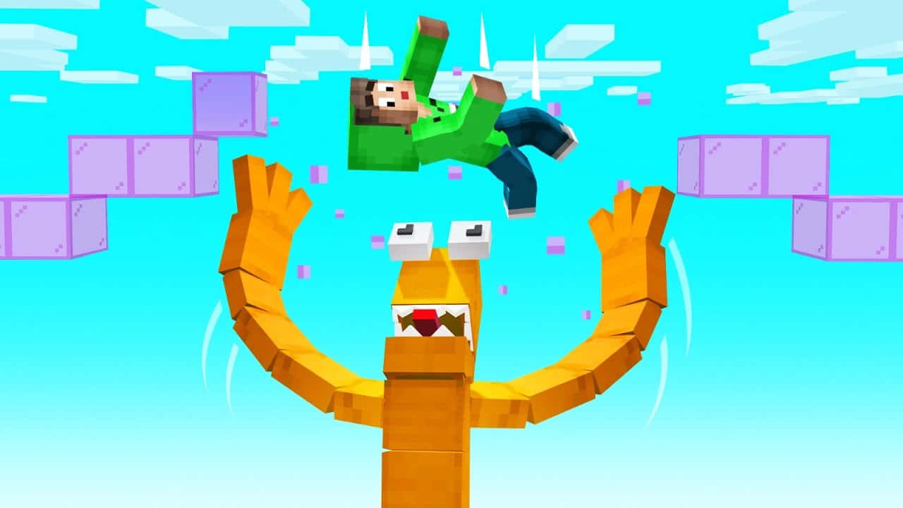 A Man Is Jumping Over A Block In Minecraft Wallpaper