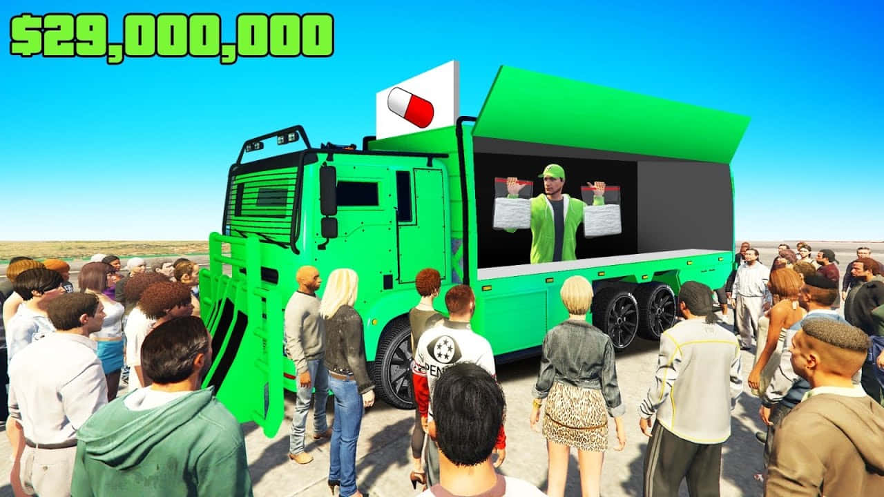 En grøn lastbil med mennesker der står omkring den Wallpaper