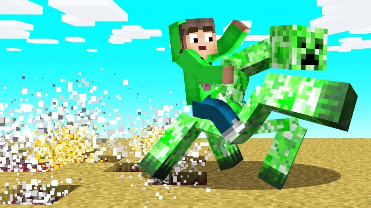 Einmann Reitet Ein Grünes Monster In Minecraft. Wallpaper