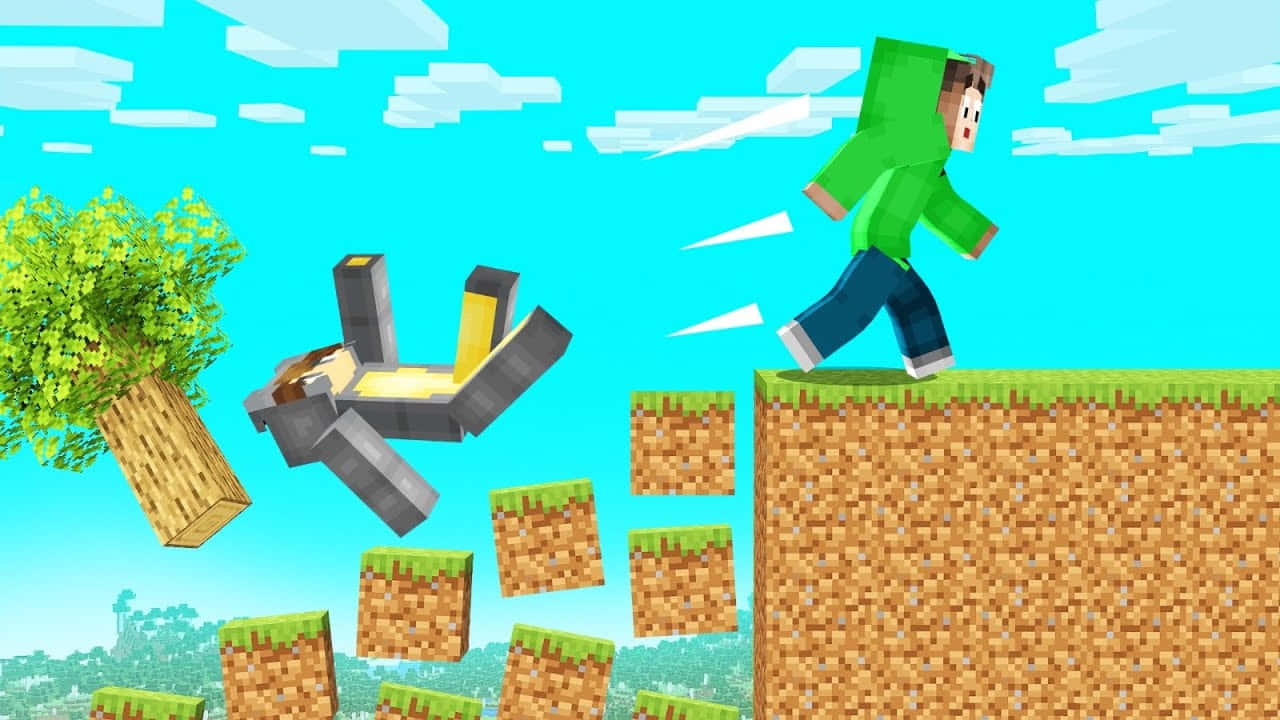 A Man Is Jumping Over A Tree In Minecraft Wallpaper