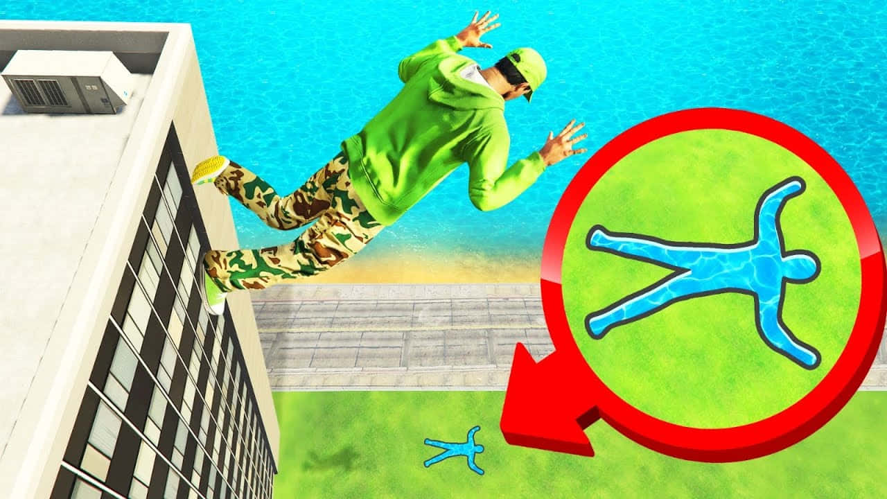 Einmann Springt In Einem Animierten Spiel Von Einem Gebäude. Wallpaper