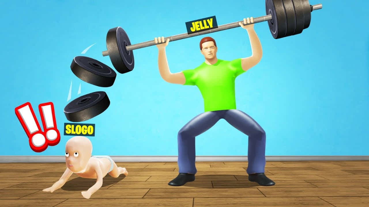 A Man Is Holding A Barbell While Holding A Baby Wallpaper