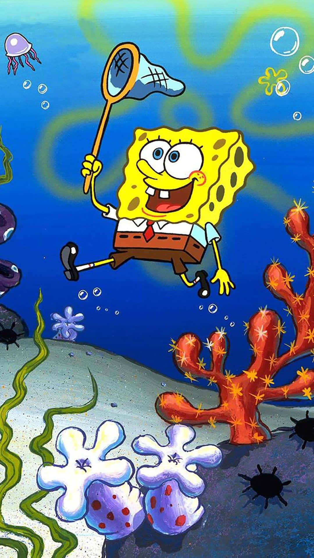 Spongebobcon Una Red En Los Campos De Medusas Fondo de pantalla