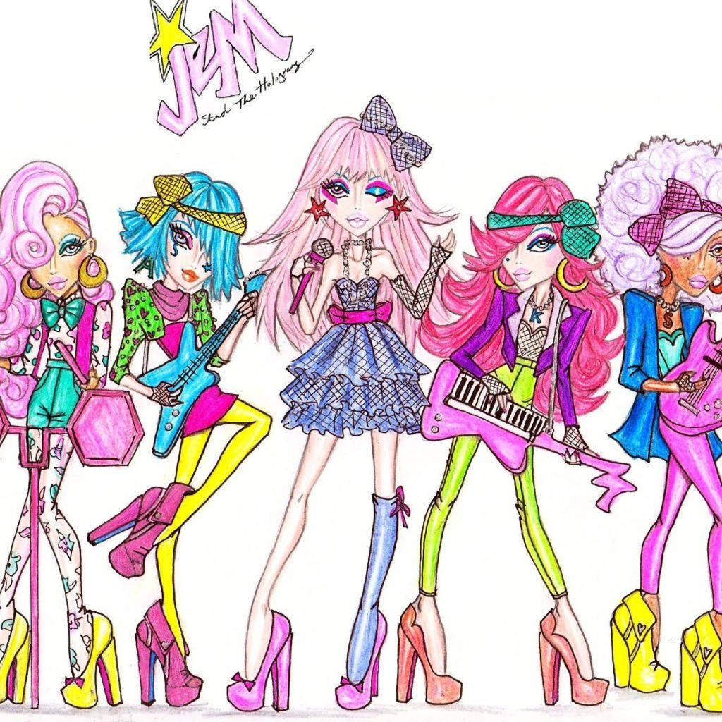 caption: Multicolored illustration of Jem and her band from the popular Jem and the Holograms TV show. Wallpaper