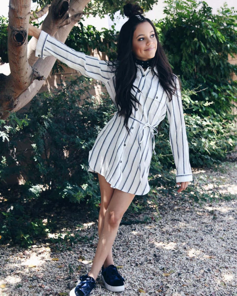 Jenna Ortega Striped Dress Outdoor Photo Wallpaper