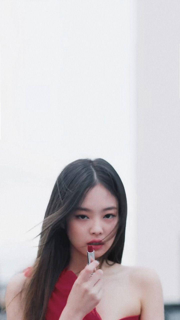 Jennie Kim Med Rød Læbestift Wallpaper