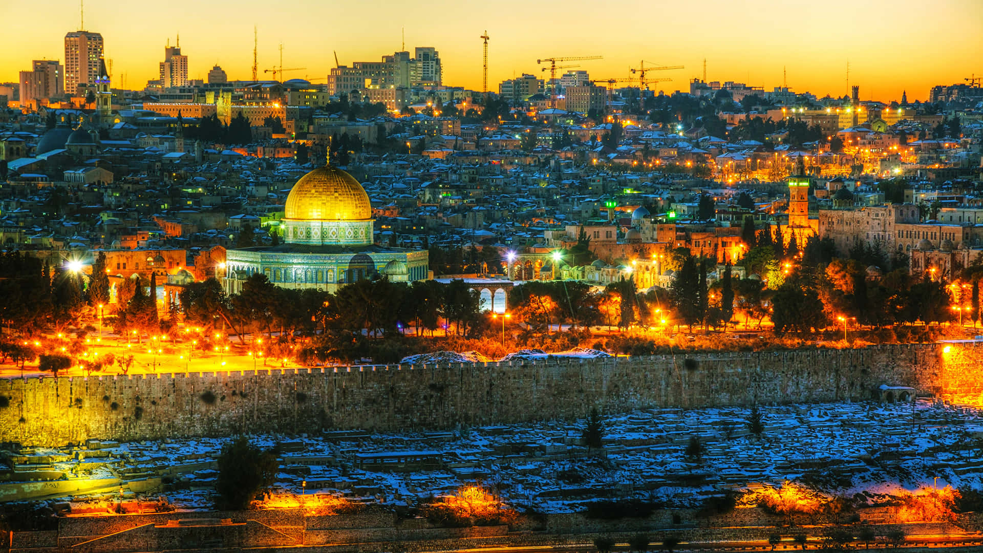 Jerusalem Skyline Dusk Domeofthe Rock Wallpaper
