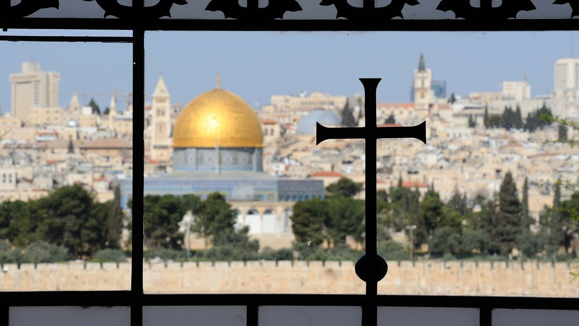 Jerusalem Skyline Through Religious Symbols Wallpaper