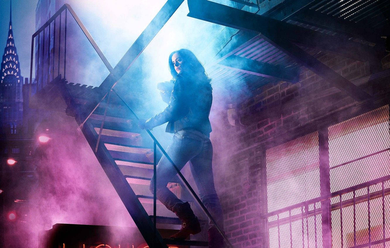 Tapetet Jessica Jones på røgfyldte trapper. Wallpaper