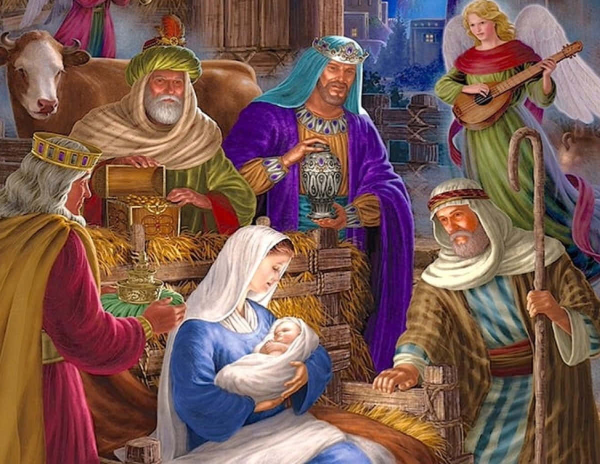Celebrate the Birth of Jesus with a Joyful Christmas Wallpaper
