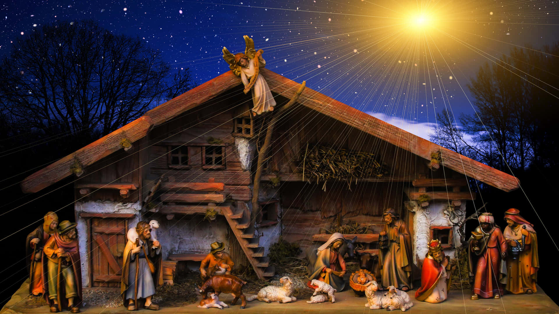 Fejr Jesu fødsel med en glædesfyldt julescene! Wallpaper