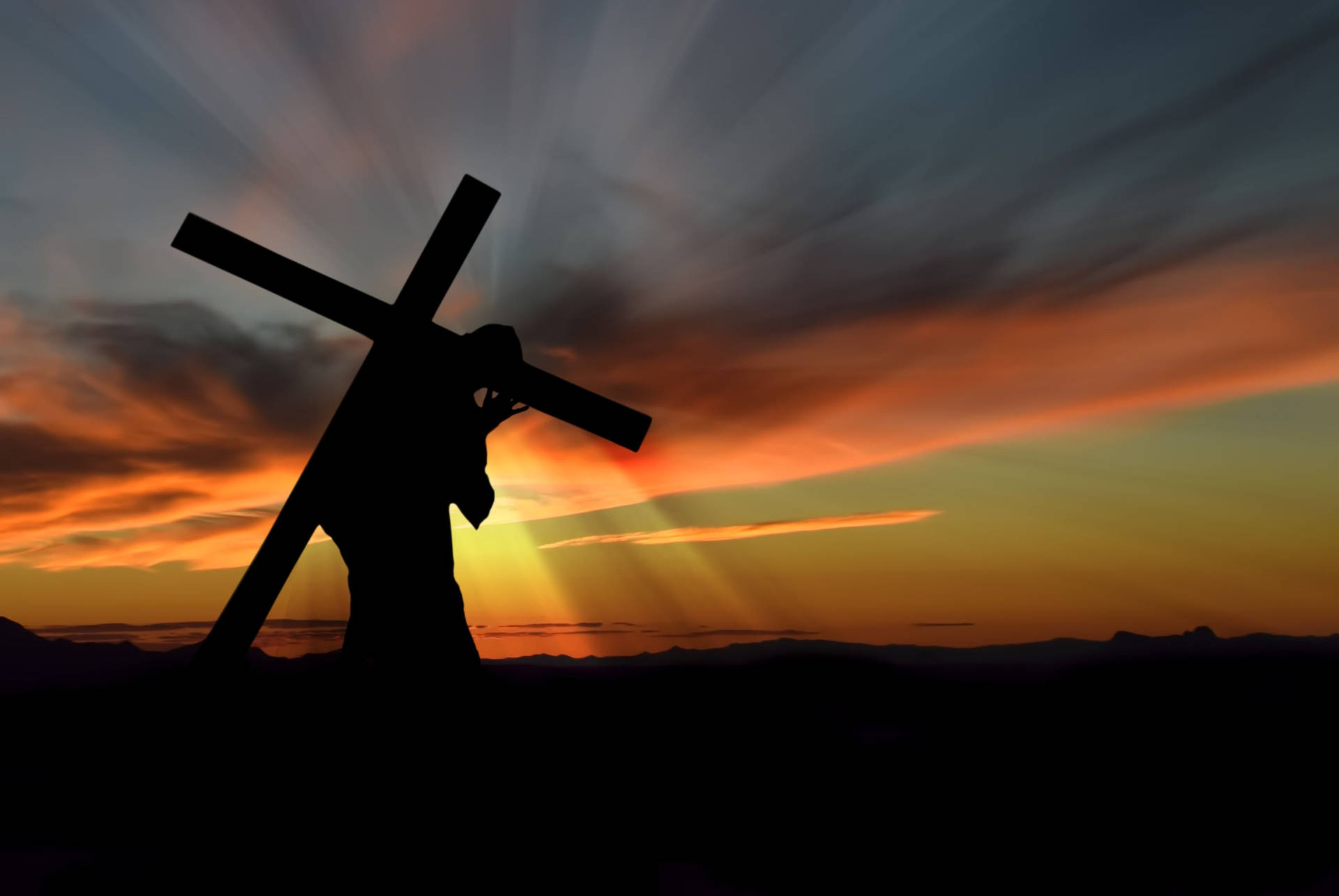 Jesus Cross Carried During Sunset Background