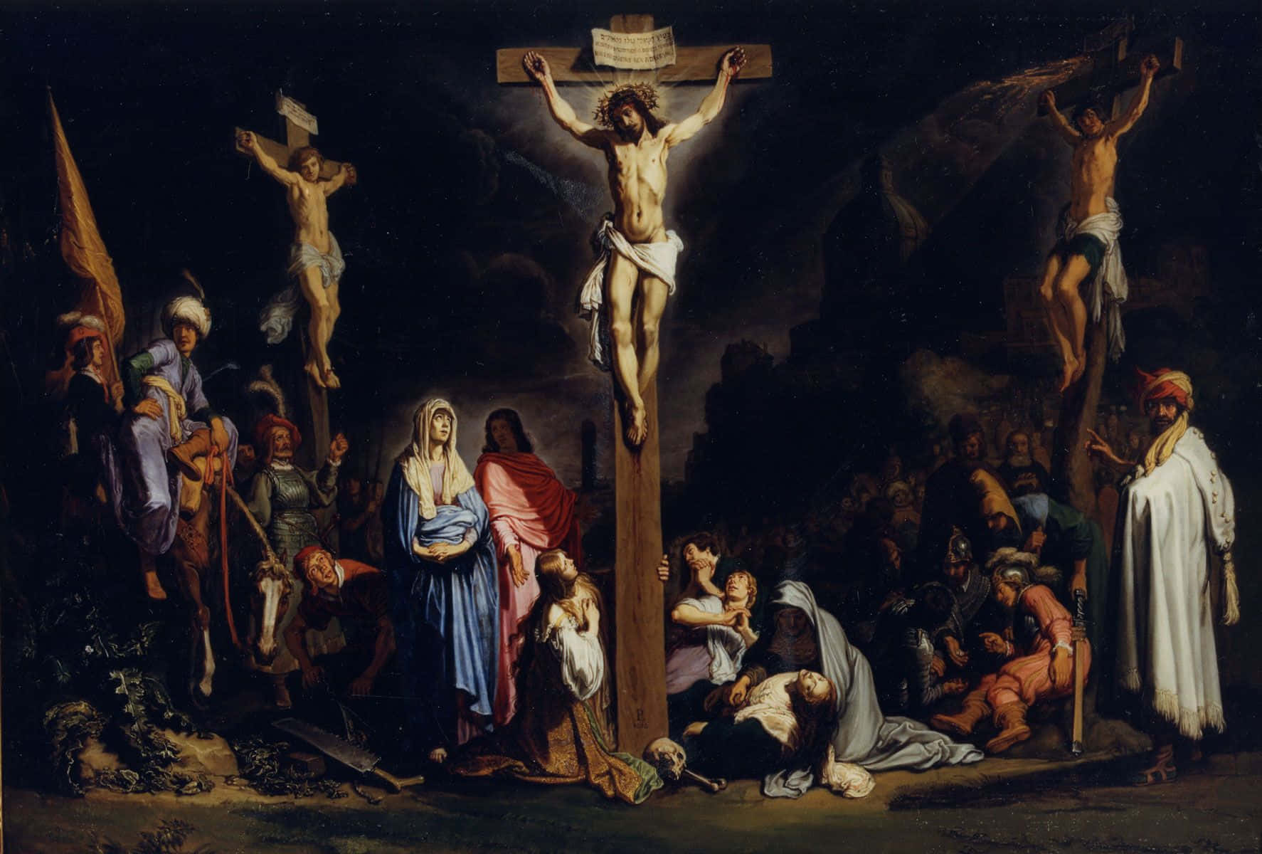 A powerful depiction of Jesus' crucifixion on a cross Wallpaper