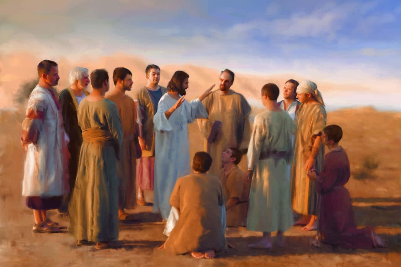 Jesus Disciples gathered together in discussion Wallpaper