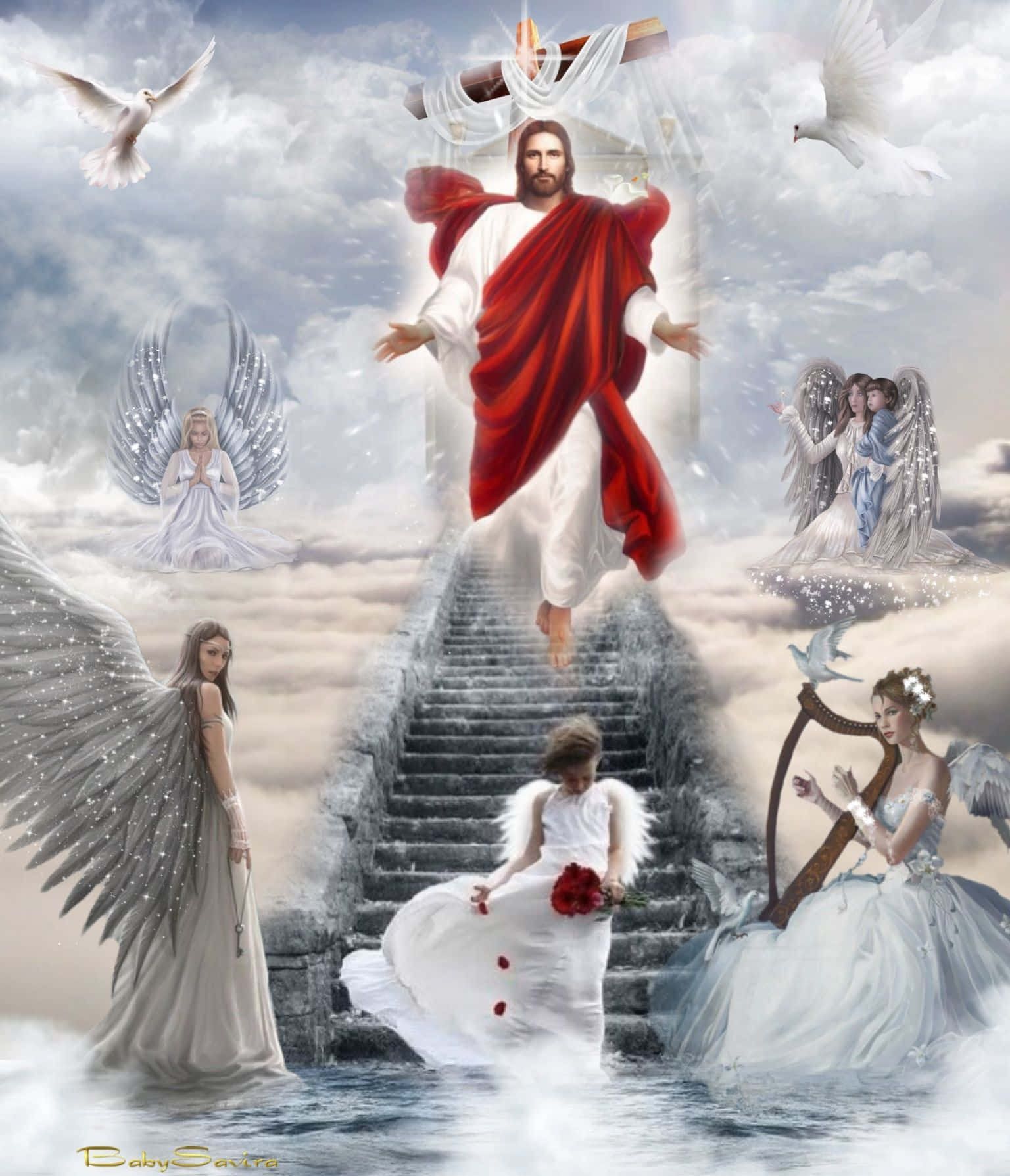 Jesusi Himlen Med Änglar. Wallpaper