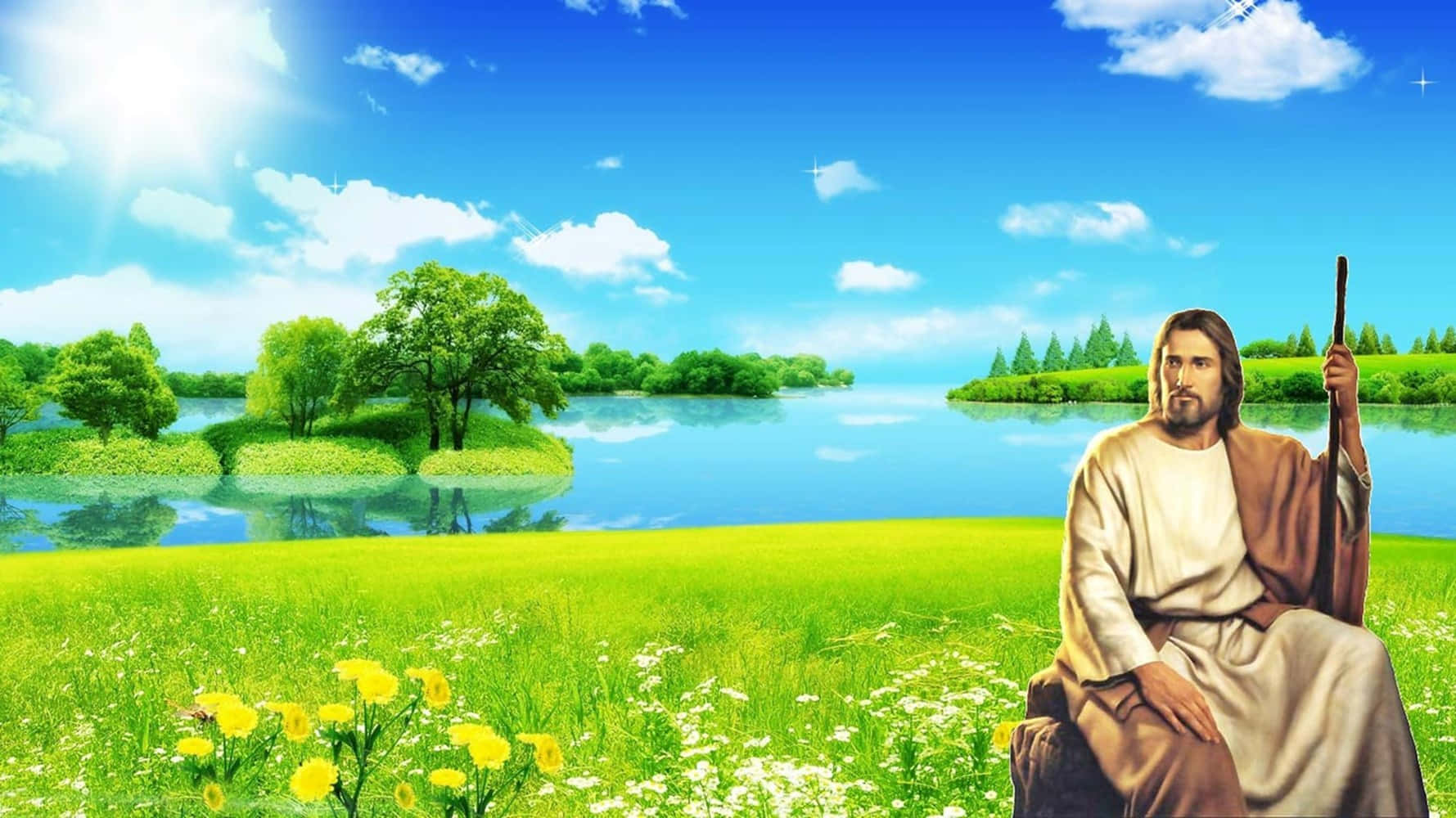Jesus in Heaven Sitting Against Green Landscape Wallpaper