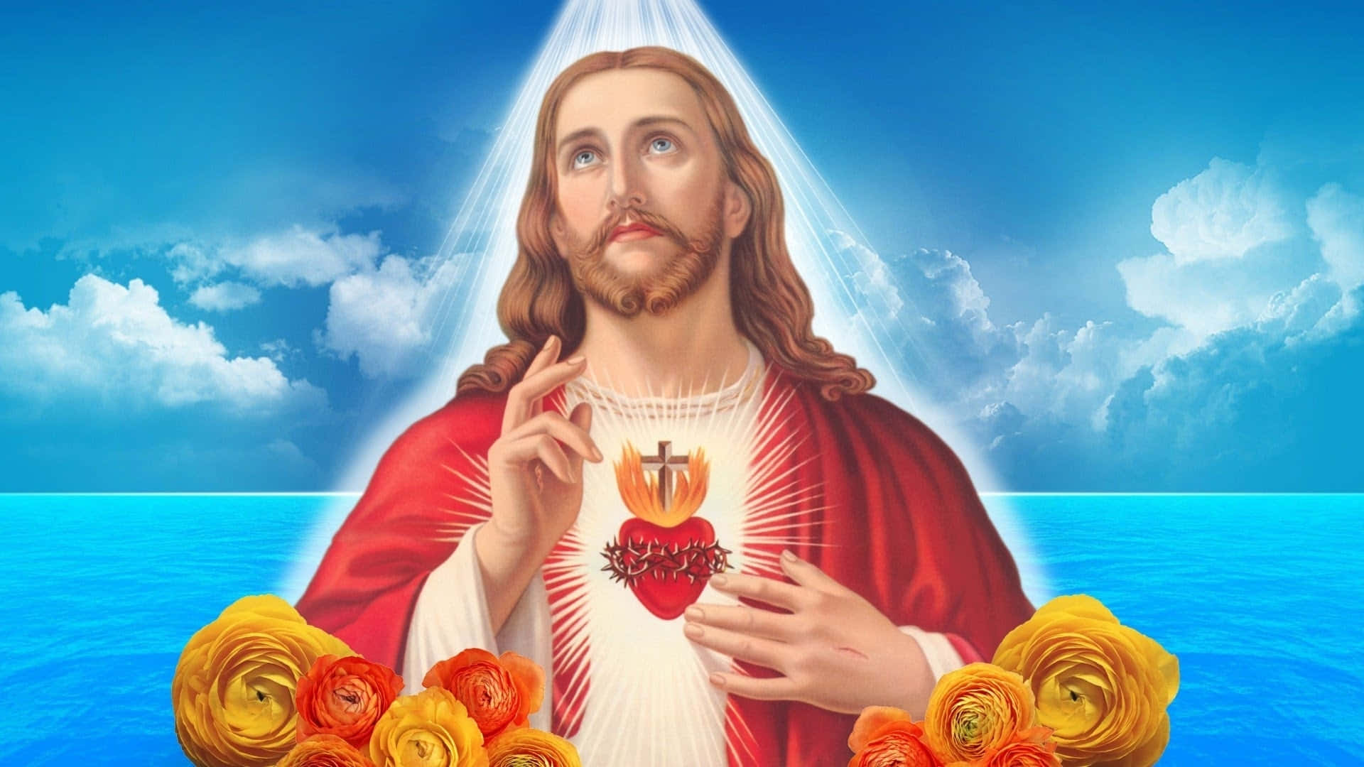 Pósterde Jesús En El Cielo Con El Sagrado Corazón Fondo de pantalla