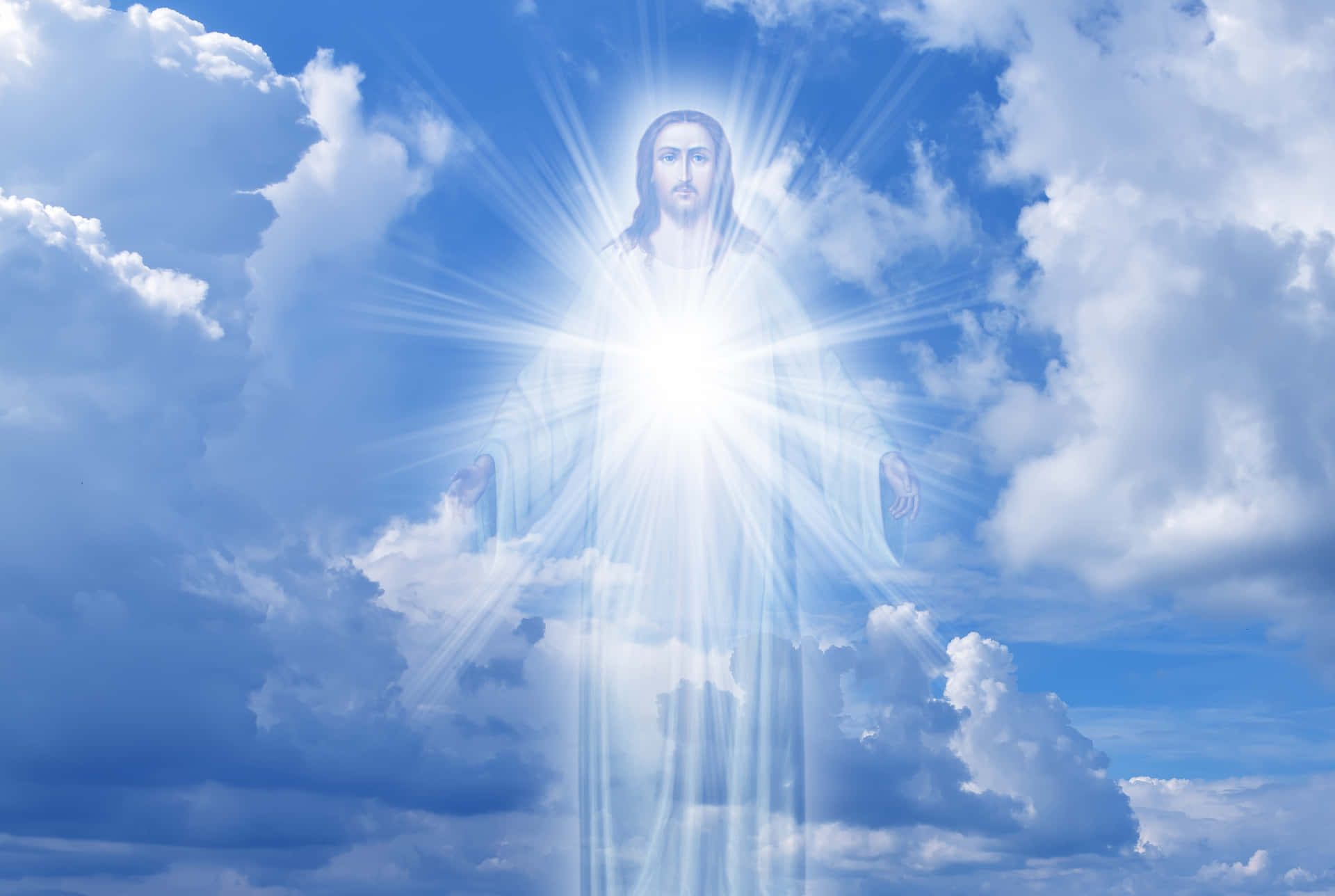Jesus In Heaven Hologram Against Blue Sky Wallpaper