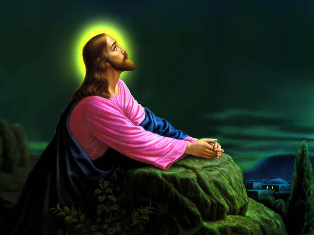 Jesusis King Betet Auf Einem Felsen Wallpaper