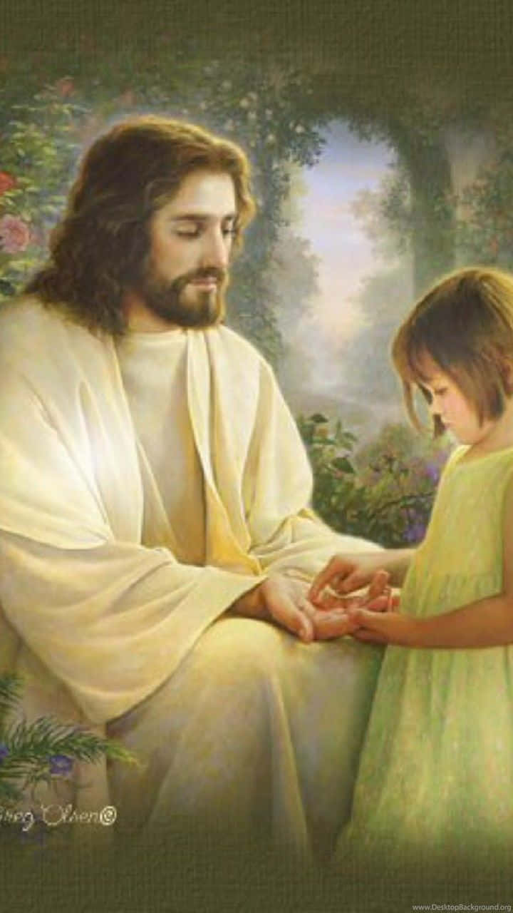 Jesus er konge med ung pige der beder indrammet i Jesus krone. Wallpaper